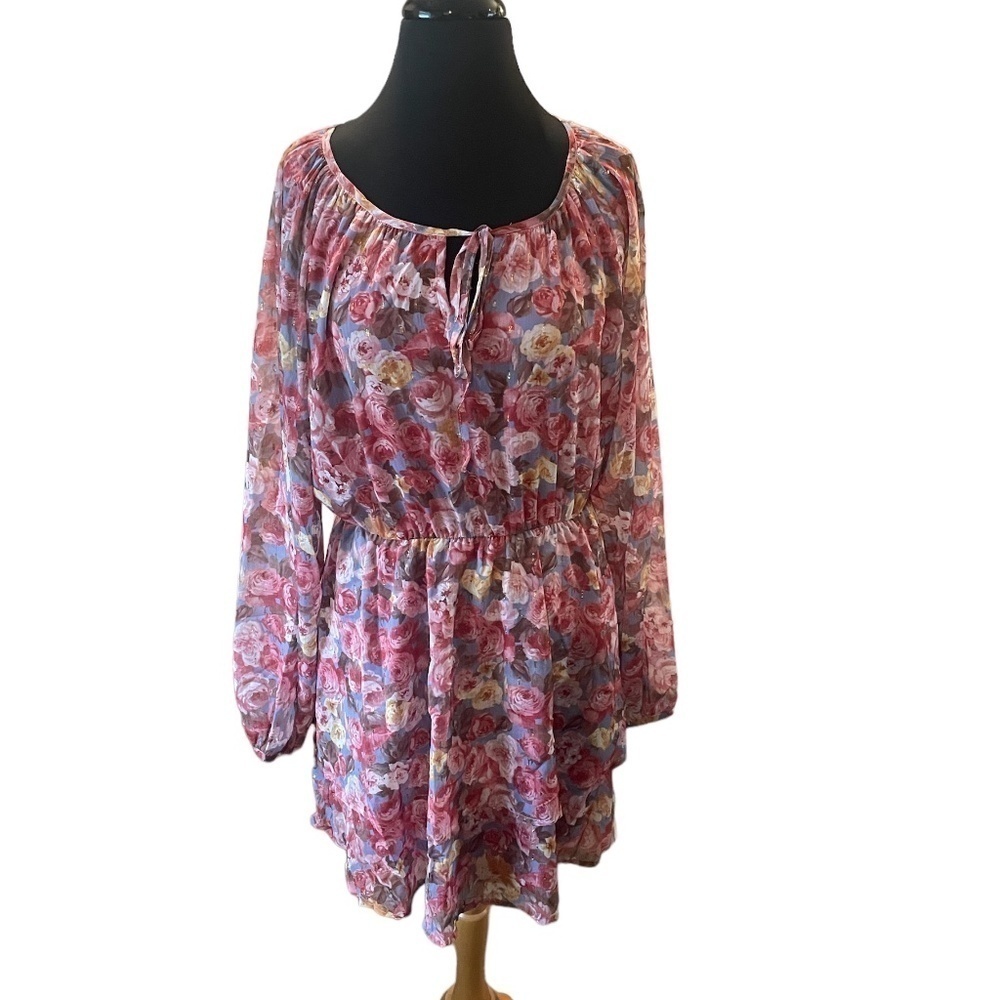 NWOT Peach Love California Floral sheer top With Tie Neckline size Large